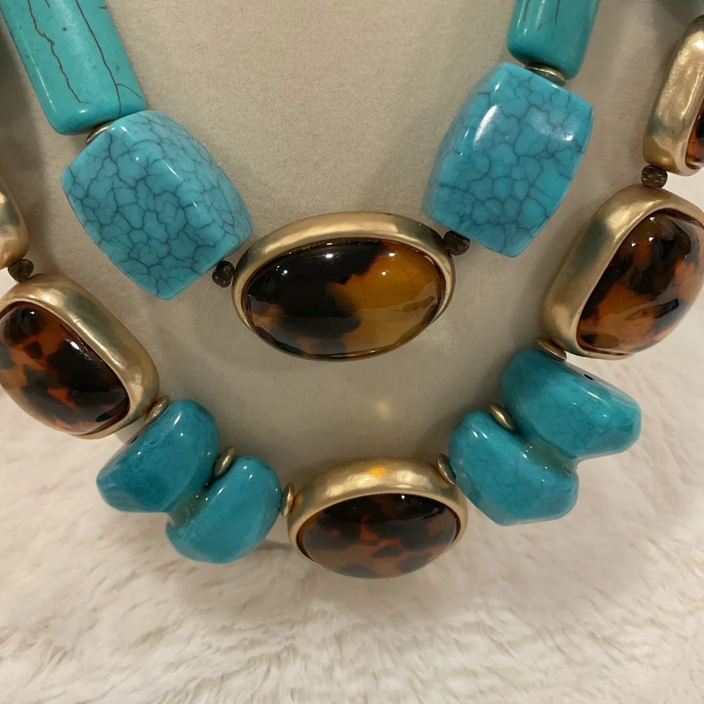 Chico’s Double Strand Turquoise, Brown and Gold Tone Necklace - Picture 3 of 5